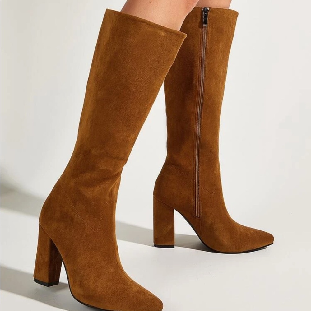 SHEIN Chestnut Suede Knee-High Block Heel Boots